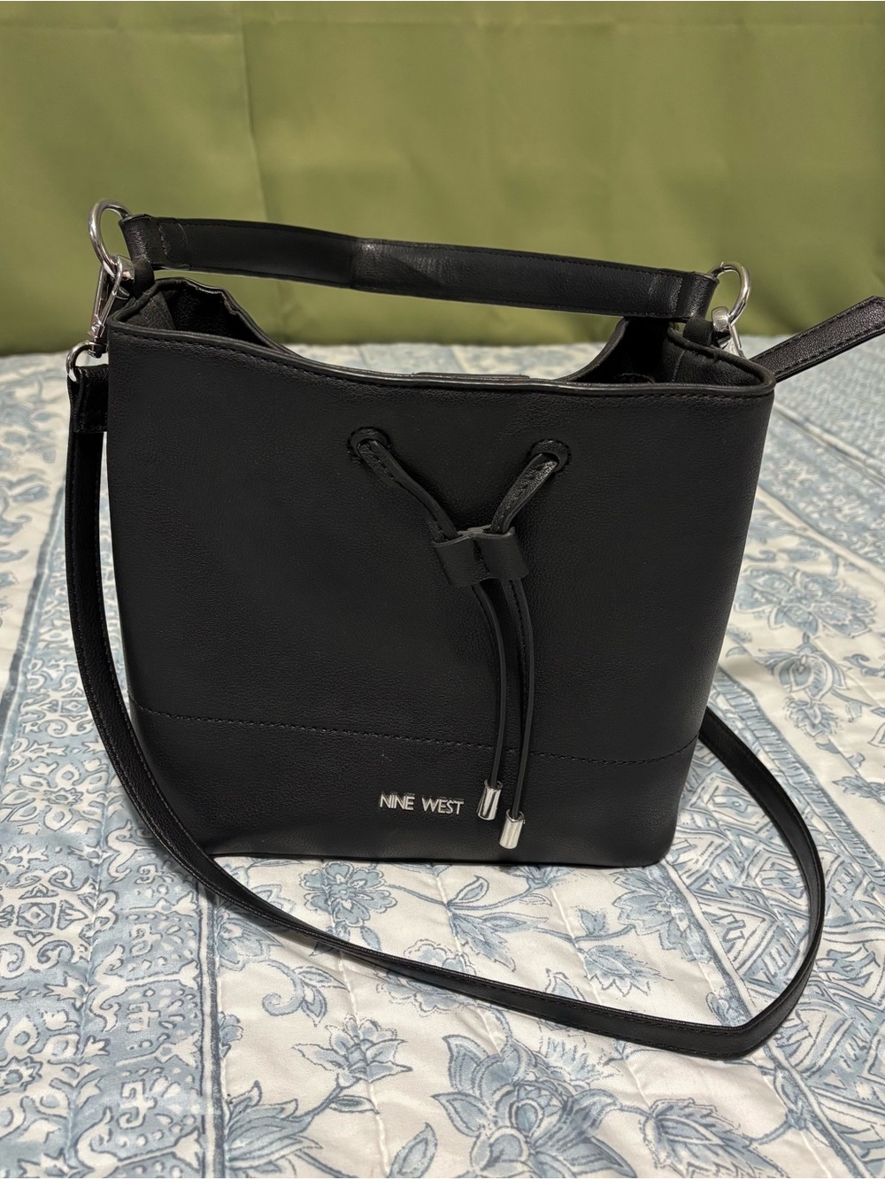 Nine West Black Leather Crossbody Bucket Bag